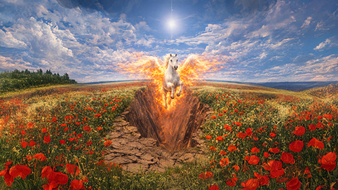 Pegasus mit ausgebreiteten Lichtflügeln schwebt über einem brennenden Erdspalt