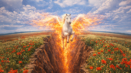 Pegasus mit Flügeln aus Licht erhebt sich aus einem feurigen Erdspalt in den Himmel