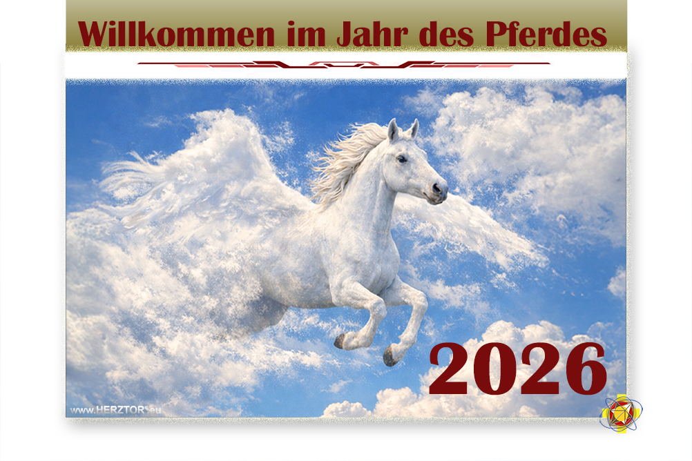 Weißer Pegasus fliegt durch lichtvolle Wolken – Symbol für das Jahr des Feuerpferdes 2026, getragen von Liebe, Transformation und Vertrauen