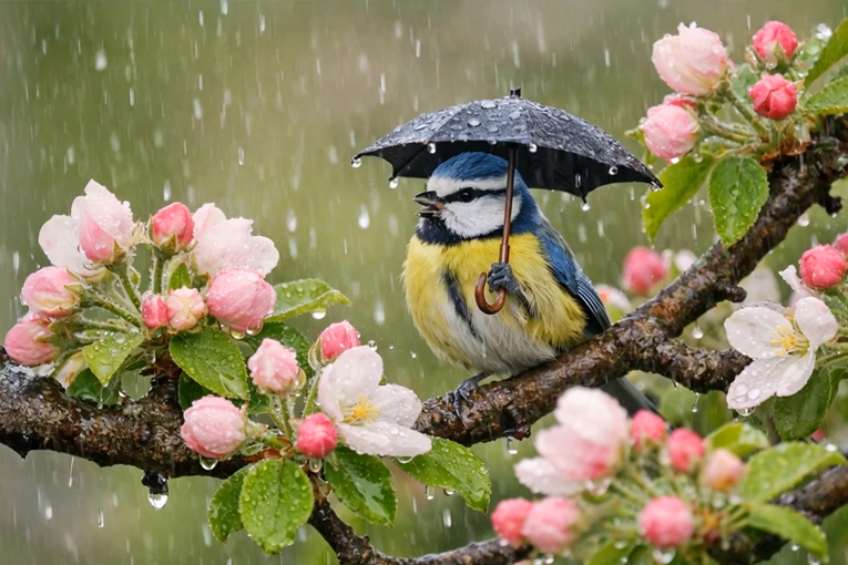 Kleine Blaumeise mit schwarzem Schirmchen im blühenden Apfelbaum bei sanftem Frühlingsregen.