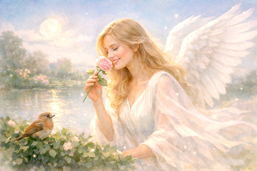 Erzengel Gabriel mit weißen Flügeln und einer Rose am mondhellen Teich in sanften Pastellfarben als Engel von Hoffnung und Neubeginn.