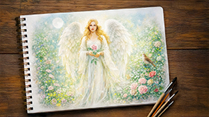 Erzengel Gabriel mit weißen Flügeln und einer Rose am mondhellen Teich in sanften Pastellfarben als Engel von Hoffnung und Neubeginn.