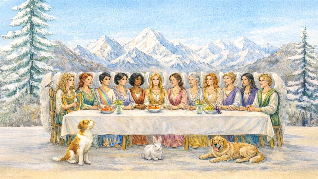 Zwölf Erzengel in sanfter Buntstift- und Aquarellzeichnung an einem langen Tisch vor einer Berglandschaft, begleitet von zwei Hunden, einem weißen Kaninchen und einem Vogel.