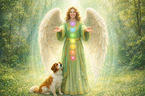 Erzengel Raphael mit grüner Heilaura, weißen Flügeln, leuchtenden Chakren und einem Kooikerhondje in einer sonnigen Waldlichtung.