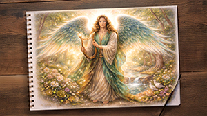 Erzengel Sandalphon mit Harfe, weißen Flügeln und zwei Tauben vor einem Wasserfall in sanften grün-türkisen Pastellfarben.