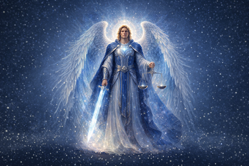 Erzengel Michael mit weißen Flügeln, blau-silbernem Licht, Schwert und Waage in einer ruhigen, spirituellen Darstellung als Schutzengel der Klarheit.