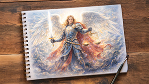 Erzengel Michael mit weißen Flügeln, blau-silbernem Licht, Schwert und Waage in einer ruhigen spirituellen Darstellung als Schutzengel der Klarheit.