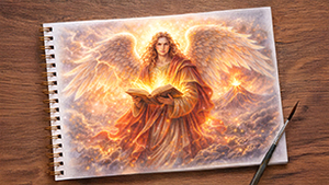 Schutz und Erzengel Uriel mit leuchtendem Buch, weiß-goldenen Flügeln, göttlichem Lichtstrahl und Vulkanlandschaft in warmen rot-goldenen Farben.