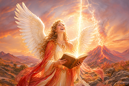 Erzengel Uriel mit leuchtendem Buch, weiß-goldenen Flügeln, göttlichem Lichtstrahl und Vulkanlandschaft in warmen rot-goldenen Farben.