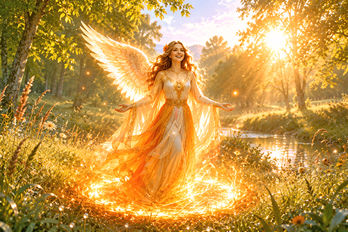 Erzengel Haniel in einer sonnigen Waldlichtung mit goldenem Licht, weißen Flügeln und warmem Sommerleuchten.