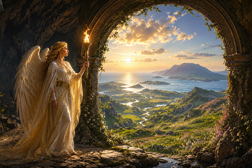 Erzengel Jophiel mit leuchtender Fackel unter einem Rundbogen am Ausgang einer Berghöhle mit Blick auf eine weite lichtvolle Landschaft und das Meer