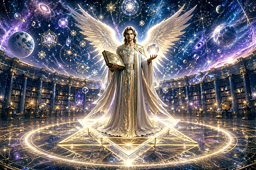 Erzengel Raziel mit Buch und leuchtender Kugel, umgeben von kosmischen Symbolen und Sternenlicht in einer spirituellen Darstellung.