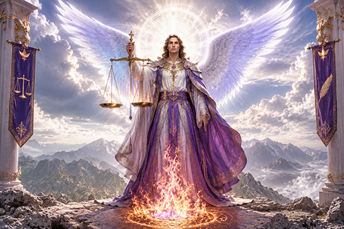Zadkiel mit Waage und violetter Flamme als HERZTOR-Darstellung von Transformation, Wahrheit und innerer Freiheit