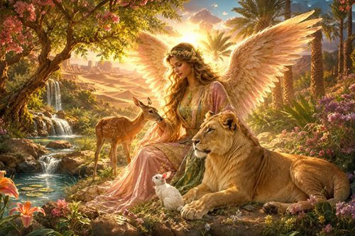 Erzengel Ariel in einer friedlichen Oase mit Löwin, Reh und weißem Kaninchen an einem Bach mit Wasserfall als Symbol für Natur, Schöpferkraft und Vertrauen.