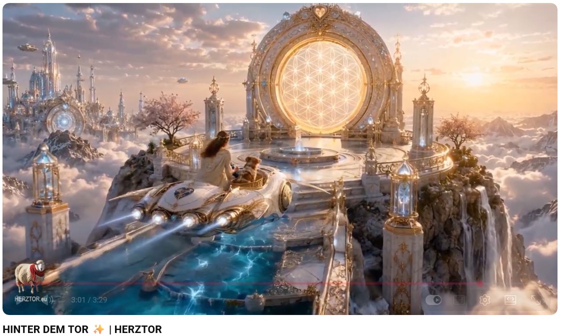 Futuristisches Fluggefährt mit einer Reisenden und ihrem Kooikerhondje vor einem leuchtenden HERZTOR in einer märchenhaften Zukunftswelt.