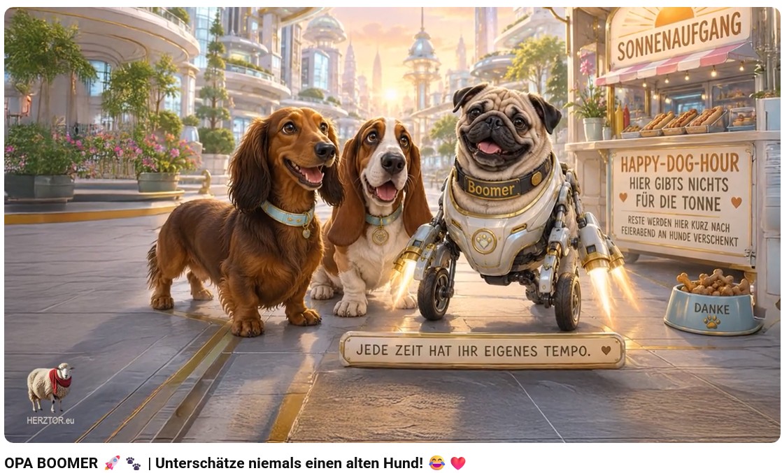 Ein freundlicher Mops namens Boomer überholt mit einem futuristischen Rollator zwei überraschte Hundefreunde in einer hellen, futuristischen Stadt.