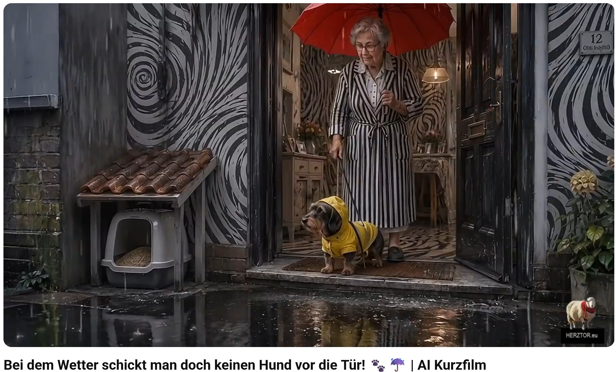 Eine kleine humorvolle AI-Animation über die wirklich großen Probleme des Alltags – erzählt wie ein moderner Stummfilm in einer surrealen Welt aus Schwarz und Weiß. Ein Regentag im Leben eines kleinen Rauhhaardackels.