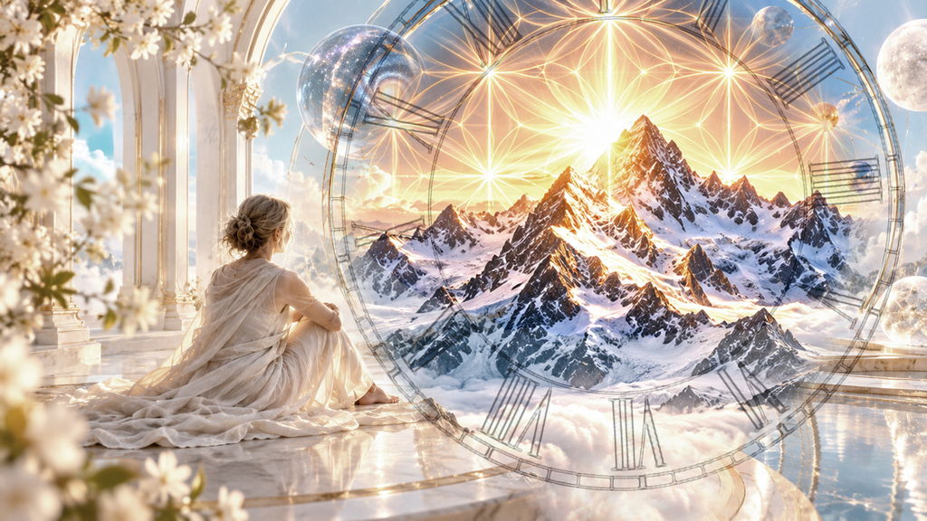 Frau blickt durch eine transparente Uhr auf einen leuchtenden Berggipfel und die Blume des Lebens – Sinnbild für Psyche, Zeit und Bewusstsein.