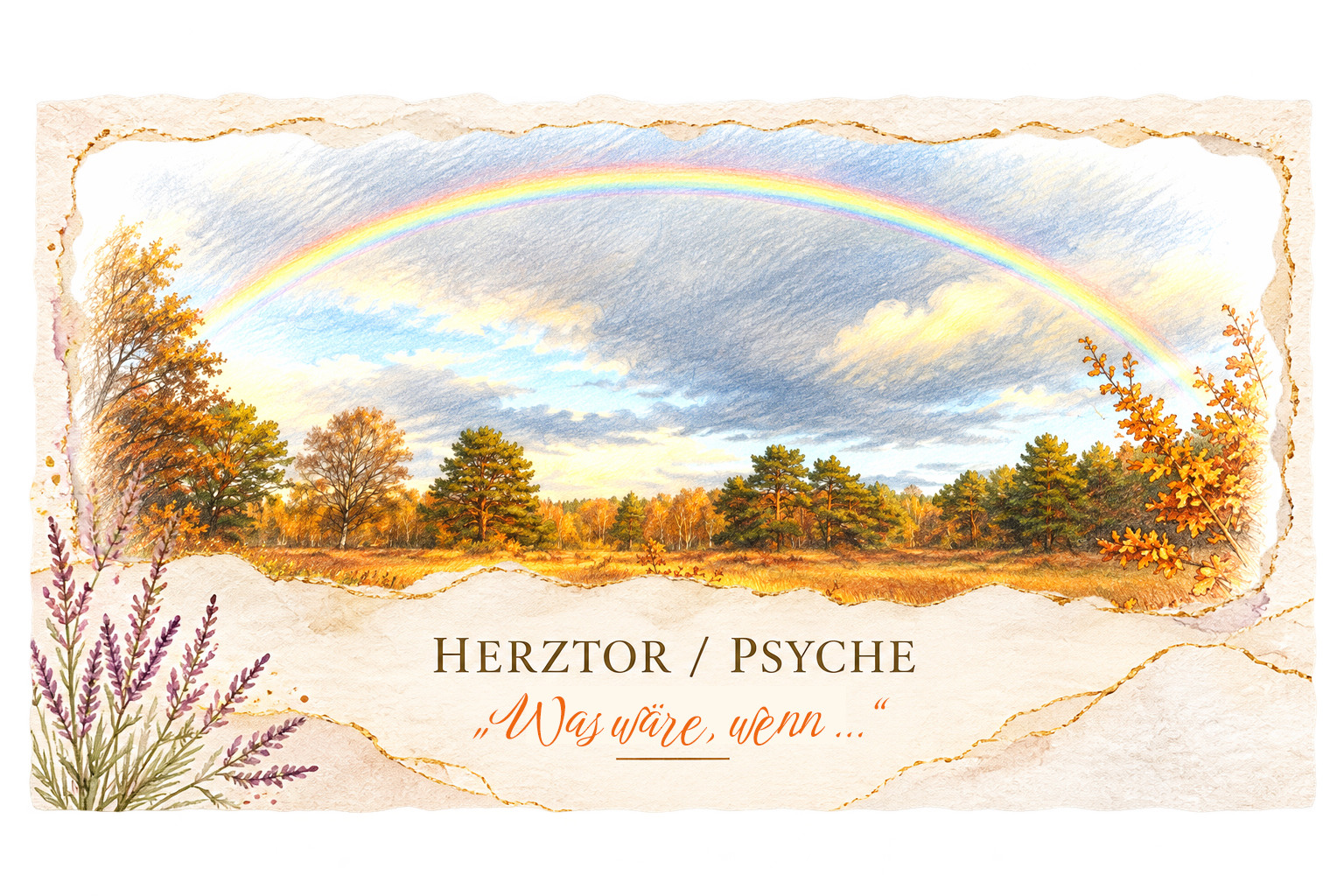 Zeichnung eines herbstlichen Moors mit goldenem Gras und einem großen Regenbogen über der Landschaft.