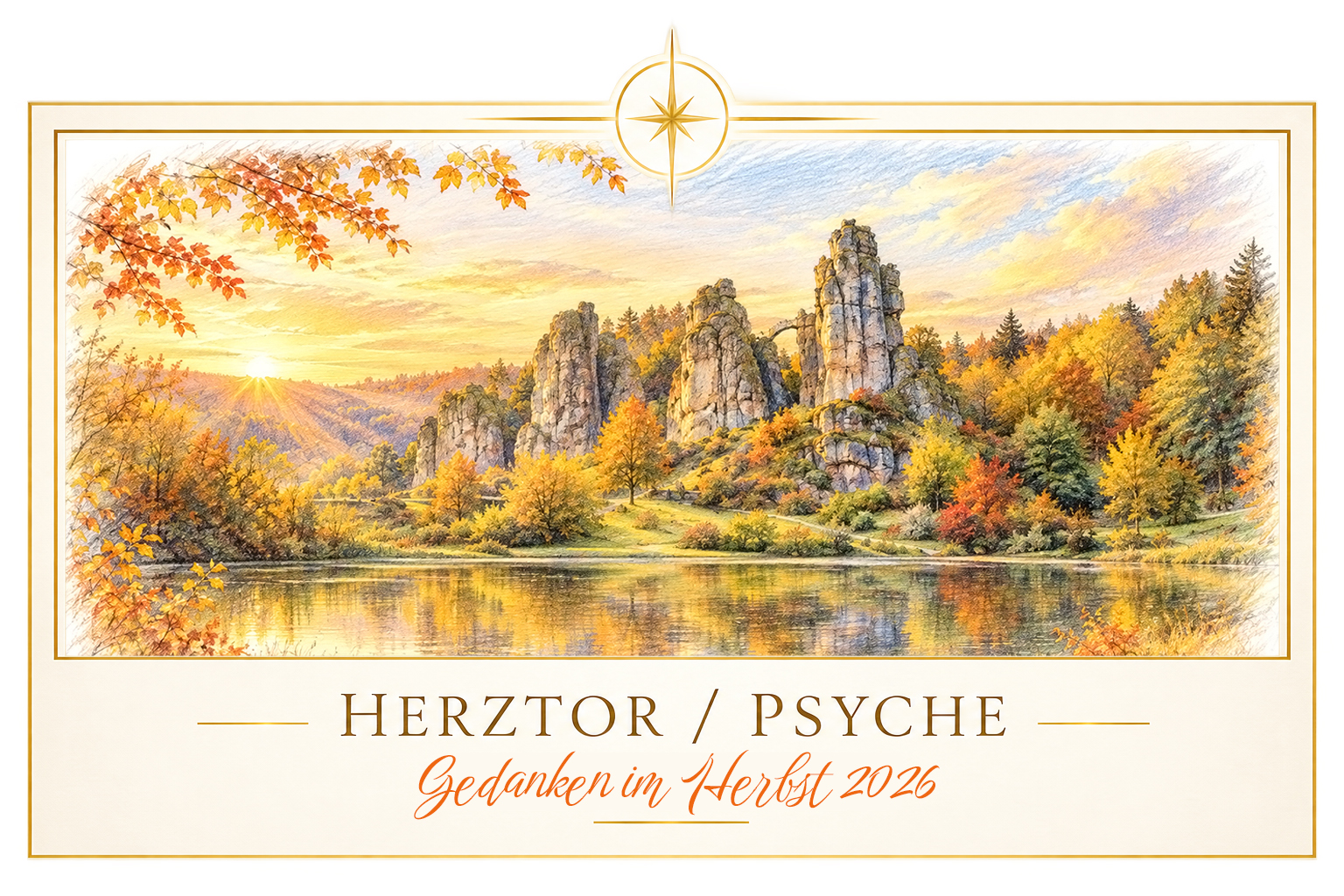 Feine Buntstiftzeichnung der Externsteine im warmen Herbstlicht mit goldenen Bäumen und ruhiger Spiegelung im Wasser.
