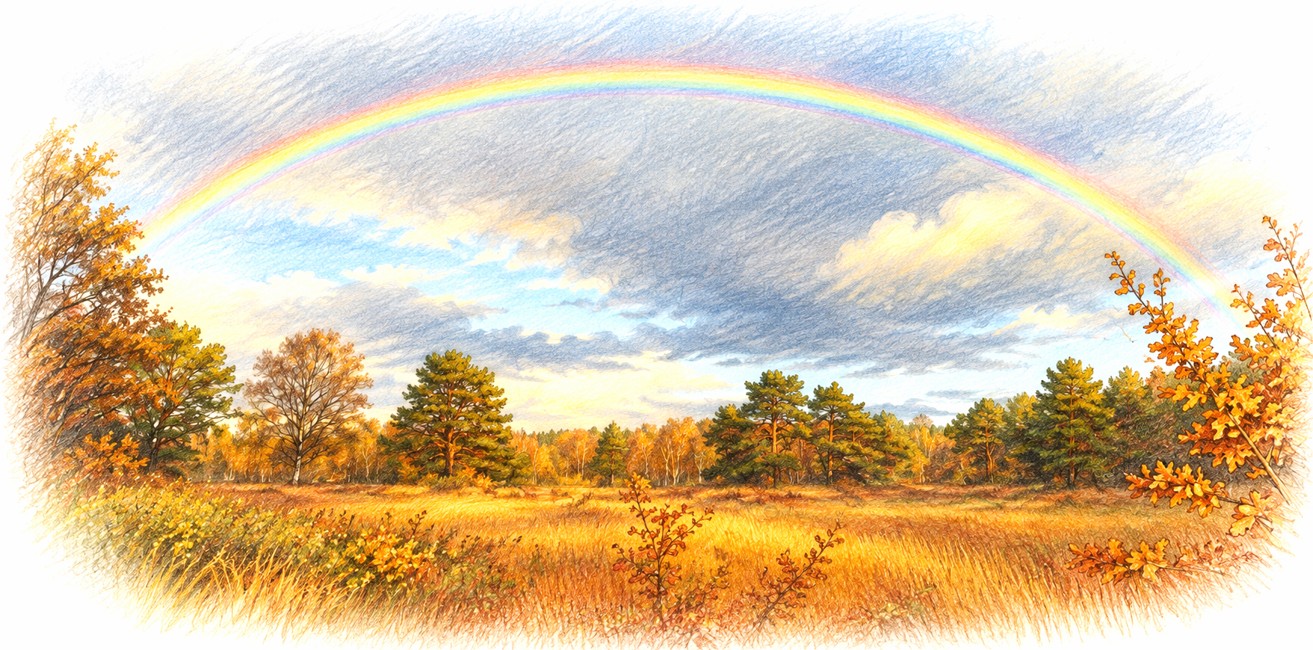 Feine Zeichnung eines Herbstmoors mit goldenem Gras und einem großen Regenbogen über der Landschaft.