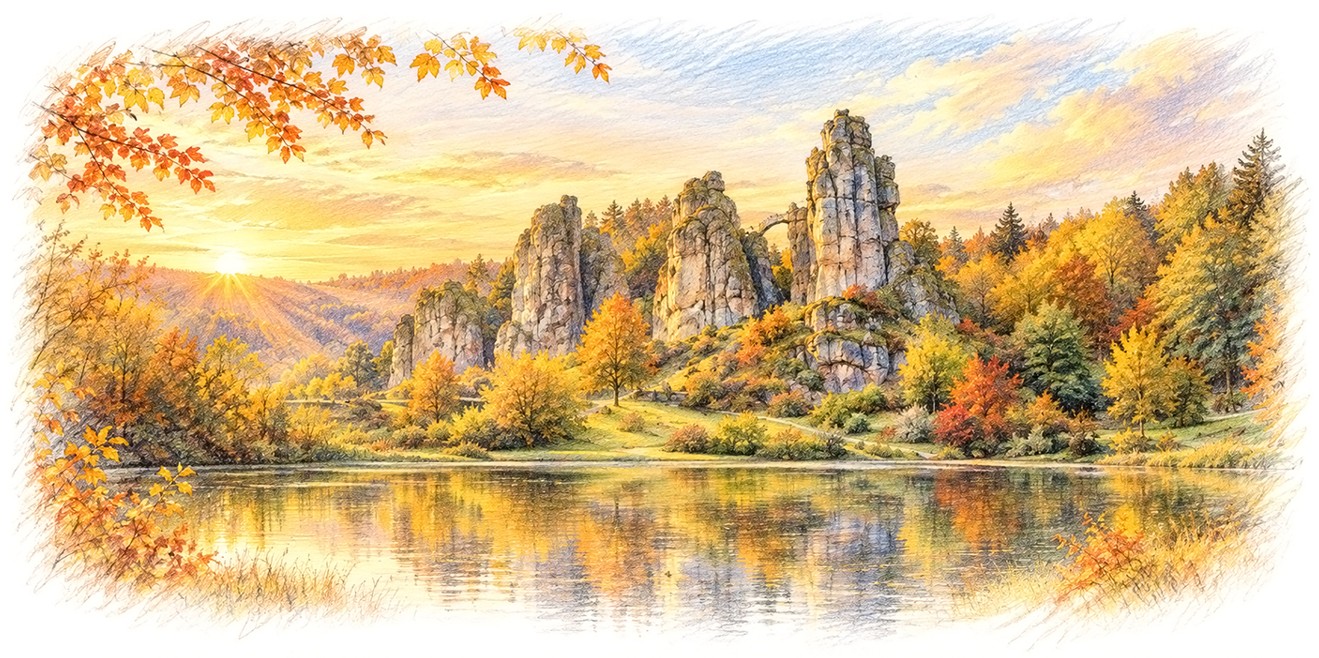 Feine Buntstiftzeichnung der Externsteine im goldenen Herbstlicht mit herbstlichen Bäumen und spiegelndem Wasser.
