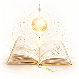 Offenes Buch mit goldenem Licht, kosmischen Linien und einer leuchtenden Kugel als Symbol für das stille Tagebuch der PSYCHE.